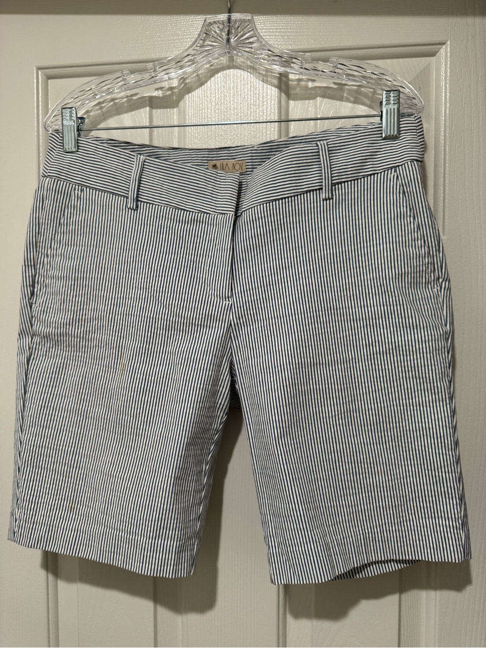 Lila Rose Navy and White Pinstripe Bermuda Shorts